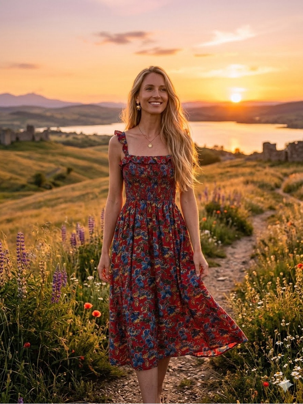 NATURAL LIFE Red Floral Dress with Blue Accents